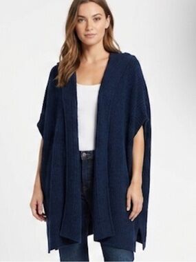Charter Club Luxury Cashmere Navy Open-Front Sleeveless Hooded Shaw Cardigan M